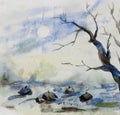 Winter rural landscape view from forest to village original watercolor painting Royalty Free Stock Photo