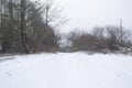 Winter rural road in snowy forest and russian village Royalty Free Stock Photo