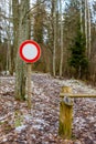 winter rural scene with closed road and stop sign Royalty Free Stock Photo