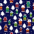 Winter Rural seamless pattern with houses
