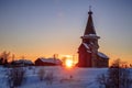 Sunset landscape with old wooden church Royalty Free Stock Photo