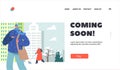 Winter Rush on City Street Landing Page Template. Characters Walking under Falling Snow. Young Man, Woman with Dog