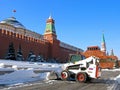 Winter in Russia, snow in Moscow, snowblower on the Red Square Royalty Free Stock Photo