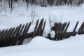 Winter Russian provincial landscape with old wooden fence