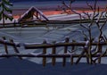 winter Russian village night sunrise, sunset. An old hut in a snowdrift. Royalty Free Stock Photo