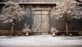 Winter rustic charm snow covered barn, old wooden door, nature decoration generated by AI