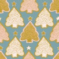 Winter Rustic Christmas Tree Lino Cut Texture Seamless Vector Pattern