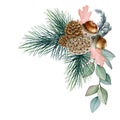 Winter rustic floral arrangement watercolor illustration. Hand drawn natural decor from pine, cone and eucalyptus branch. Royalty Free Stock Photo