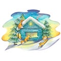 Winter, rustic house with trees, foxes and snow. Watercolor illustration. For the design and decoration of postcards