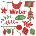 Winter rustic sticker, elements, christmas balls, birds and branches, isolated on a white background