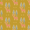 Winter Rustic Tree and Reindeer Lino Cut Texture Seamless Vector Pattern