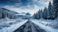 Winter's Embrace: Aerial Serenity of Snow-Covered Forest Road