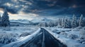 Winter's Embrace: Aerial Serenity of Snow-Covered Forest Road