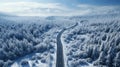 Winter's Embrace: Aerial Serenity of Snow-Covered Forest Road