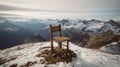 Winter\'s Solitude: A Lonely Wooden Chair on an Alpine Mountain Peak