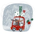 A winter\'s tale. A beautiful New Year\'s card with a wolf and a hare on the car.