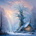 Winter's Tale. Picturesque landscape with a fairytale cottage in snow forest. Christmas concept. Amazing digital