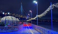 Winter's tale in Saint Petersburg. Glowing bridge Christmas ice rink in the lights of the metropolis