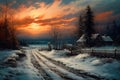 Winter\'s Tranquility: Impressionist Snowscape with a Snowy Road