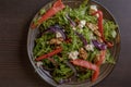 Winter Salad with Rucola, Red Onion, Canned Red Pepper, and Walnuts CloseUp