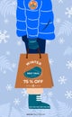 Winter sale background with man and paper bag.