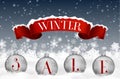 Winter sale background with red realistic ribbon banner and balls