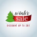 Winter sale background with red ribbon and new year tree banner, emblem, badge. Sale. Winter sale. Christmas sale.