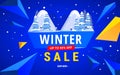 Winter Sale background. Special offer banner with mountains and fir trees and polygonal shapes elements on a blue background using