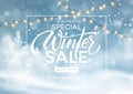 Winter sale background template. Christmas winter snowy landscape. Winter snow dust background. Vector illustration Royalty Free Stock Photo