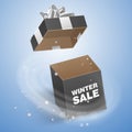 Winter sale banner with black box decorated white bow, Special offer. Vector illustration