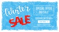 Winter sale banner, flyer template in frame with blue snowflakes background, Snow frame. Special seasonal offer. Big Sale.