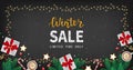 Winter sale banner, flyer template in frame from a garland. Special seasonal offer. Big Sale. Fir branches, paper gifts boxes, cup