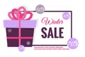 Winter sale banner. Gift in box, discounts, text in frame. Vector illustration for New Years
