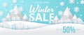 Winter sale banner with house, snow, mountain and tree. Papercut vector design.. Royalty Free Stock Photo