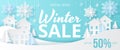 Winter sale banner with house, snow and tree. Papercut vector design.