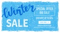 Winter sale banner, poster, flyer template in frame with blue snowflakes background, Snow frame. Special seasonal offer. Big Sale. Royalty Free Stock Photo