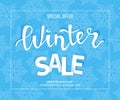 Winter sale banner, poster, flyer template in frame with blue snowflakes background. Special seasonal offer. Big Sale. Hand letter Royalty Free Stock Photo