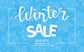 Winter sale banner, poster, flyer template in frame with blue snowflakes background. Special seasonal offer. Big Sale.