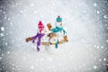 Winter Sale banner. Snowman - parent and snowman kid - winter concept. Cute snowmen family standing in winter Christmas