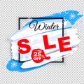 Winter Sale banner. White square frame on transparent background. Blue white blots with shadow and snow powder