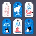 Winter sale Cheer and Merry Christmas tags with cute penguins and animals Royalty Free Stock Photo