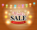 Winter Sale with Christmas Lights and snowflakes. Xmas Holiday Greeting Cards Design. Wooden Hand Drawn Background.