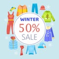 Winter sale clothing and accessories vector illustration poster. Winter cloths, outerwear and overdress. Sweaters