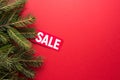 Winter sale concept, red background with green tree and label, copy space