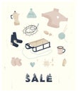 Winter sale. Delicate minimalistic set of elements for winter decor. Sweater, socks, garland, hat, mittens, sled, candle, coffee