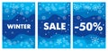 Winter sale and discounts. Stylized snowflakes and lettering on a blue background