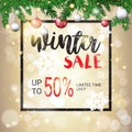 Winter sale flyer design christmas balls fir tree branch glittering snowflakes season shopping template special discount Royalty Free Stock Photo