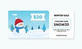 Winter sale gift voucher card template design with cute snowman on snow land landscape background vector illustration. coupon code