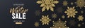 Winter sale horizontal banner template on black background with golden snowflake decoration. Luxury and elegant style vector. Suit