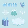 Winter sale icon collection, lettering tree gift and ice